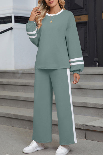 Chestnut Varsity Stripe Patchwork Puff Sleeve Pullover Drawstring Wide Leg Pant Set