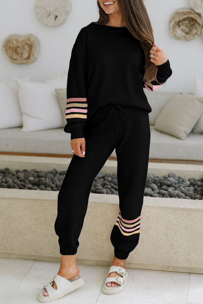 Beige Striped Drop Shoulder Round Neck Pullover and Jogger Pants Active Outfit