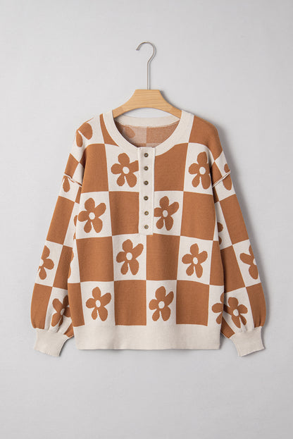 Thai Curry Flower Plaid Henley Baggy Sweater