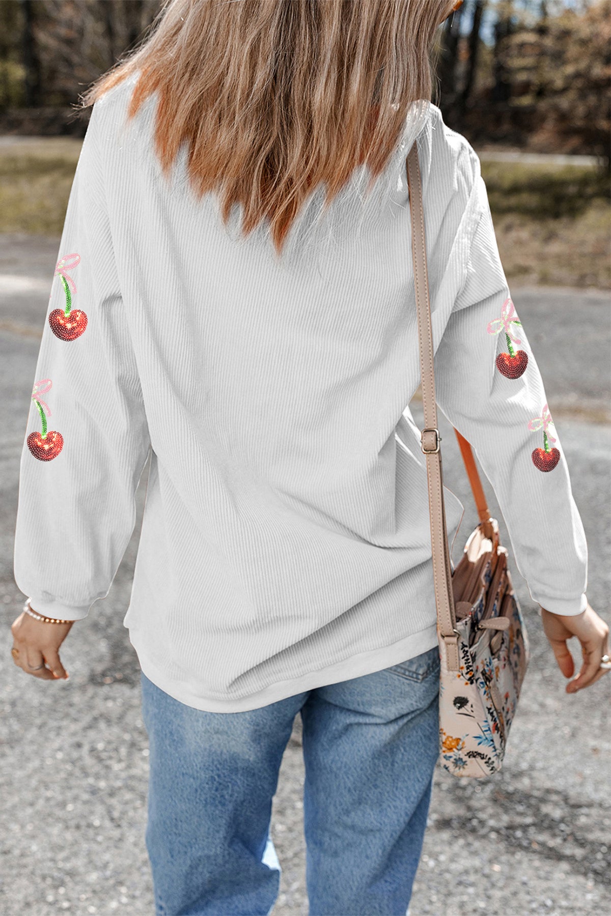 White Corded Ribbed Sequin Cherry Bow Patched Drop Shoulder Sweatshirt