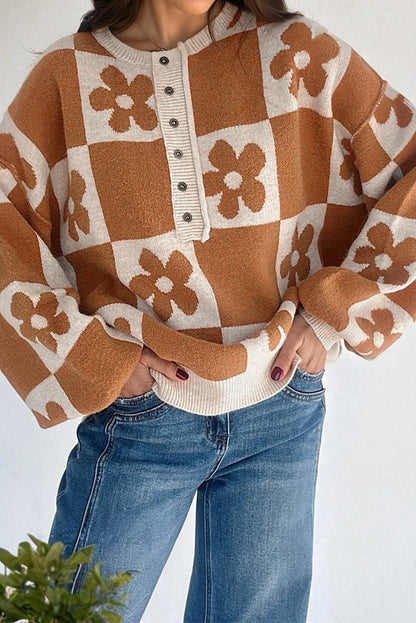 Thai Curry Flower Plaid Henley Baggy Sweater