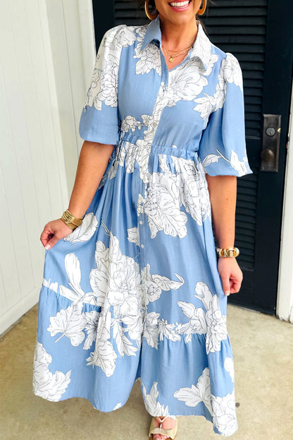 Sky Blue Floral Print Shirt Collar Button Down 3/4 Sleeve Ruffle Hem Long Dress