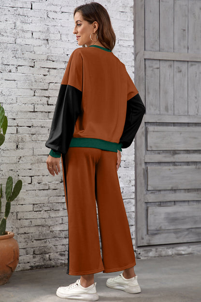 Rose Red 2pcs Color Block Pullover Loose Pant Set
