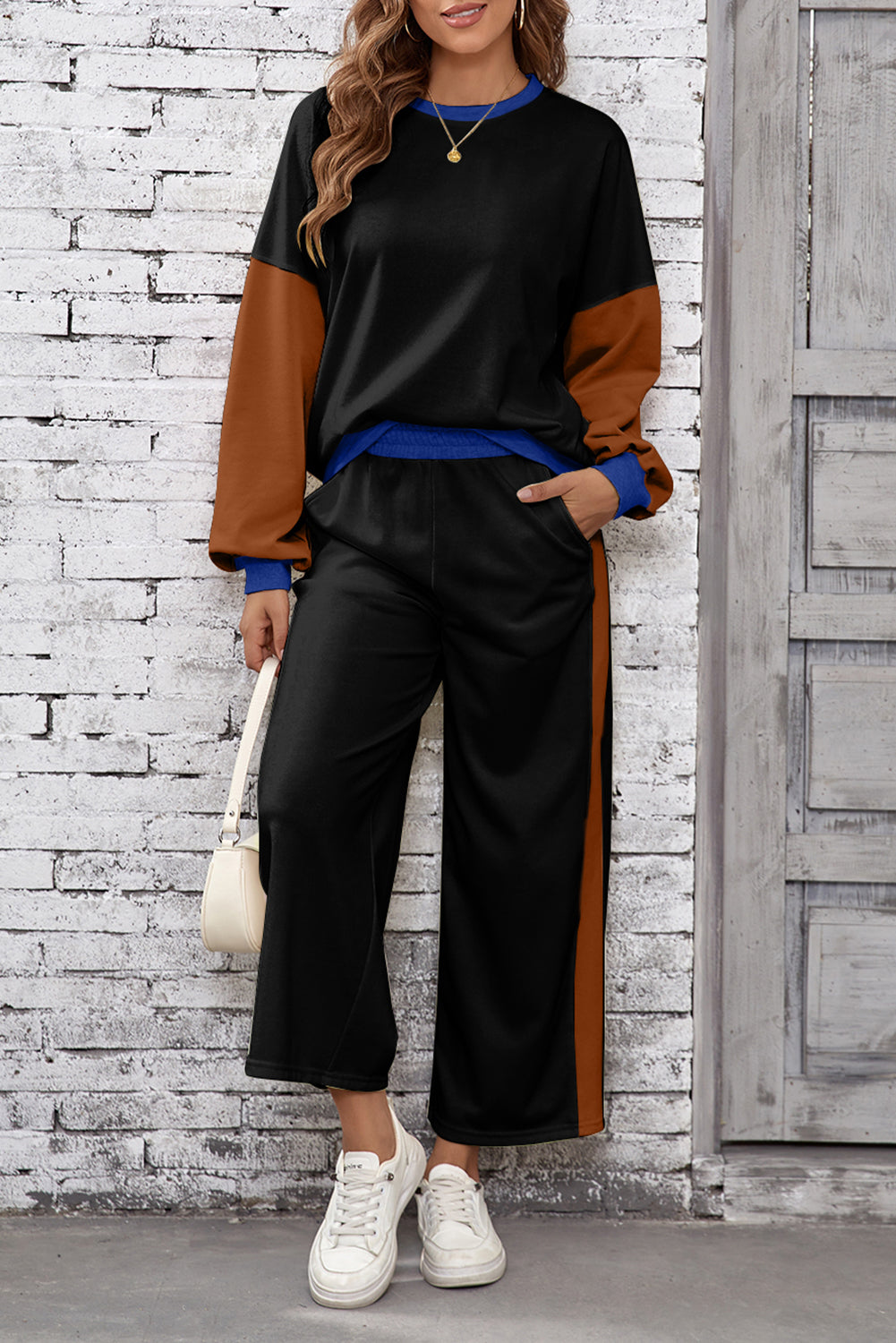 Rose Red 2pcs Color Block Pullover Loose Pant Set